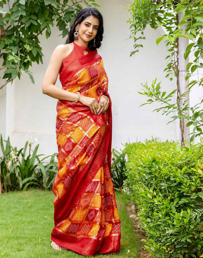 Red Chanderi Printed Bandhani Saree