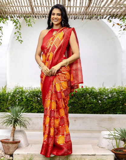 Red Chanderi Printed Bandhani Saree