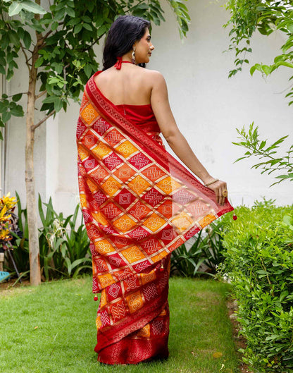 Red Chanderi Printed Bandhani Saree