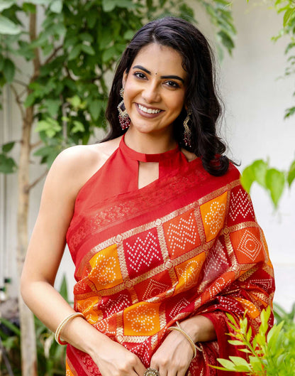 Red Chanderi Printed Bandhani Saree