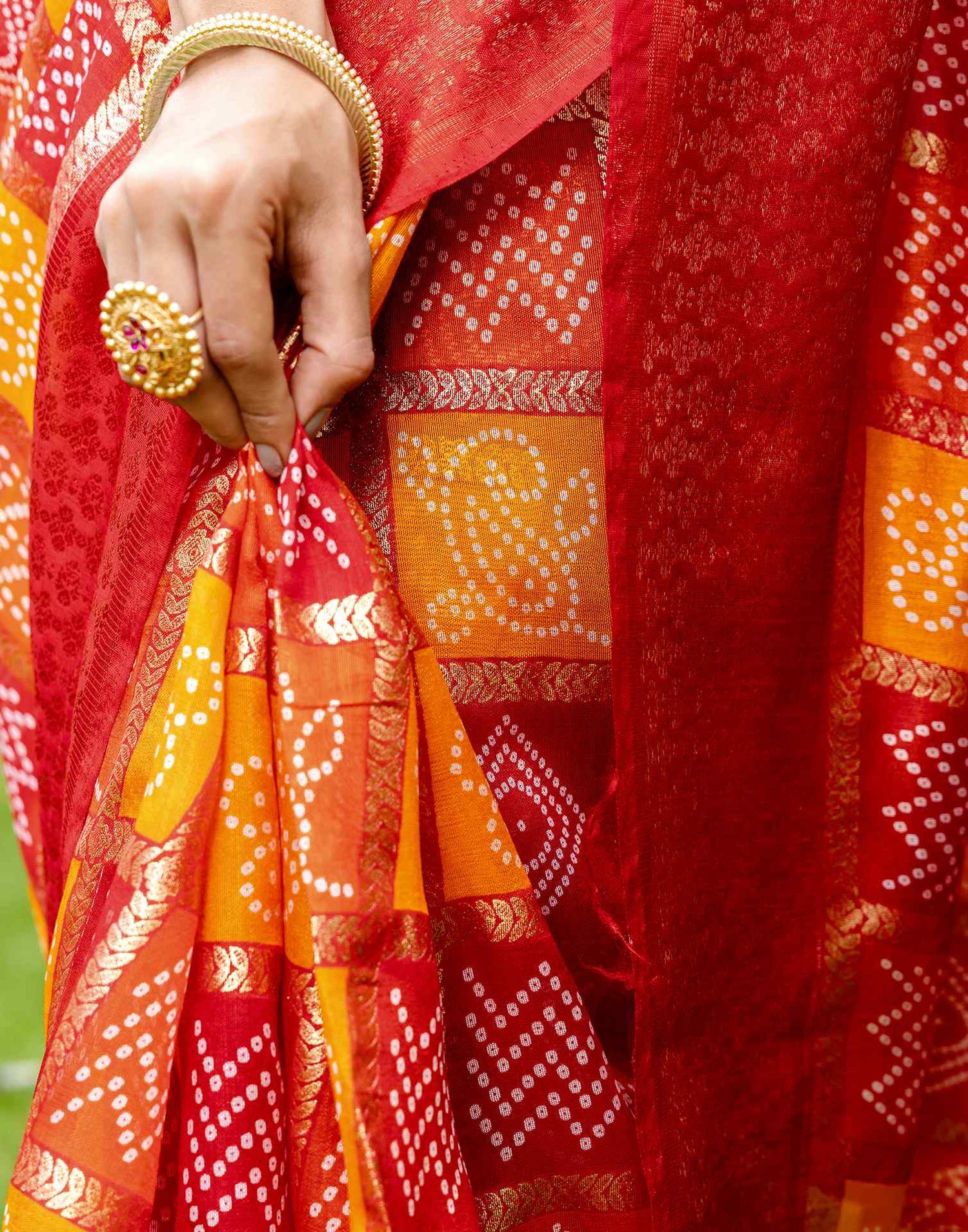 Red Chanderi Printed Bandhani Saree