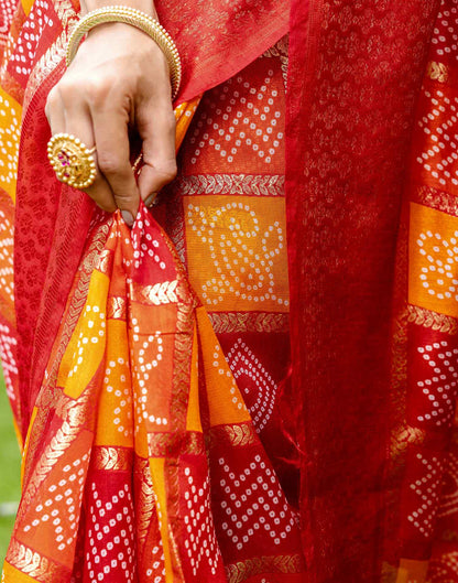Red Chanderi Printed Bandhani Saree