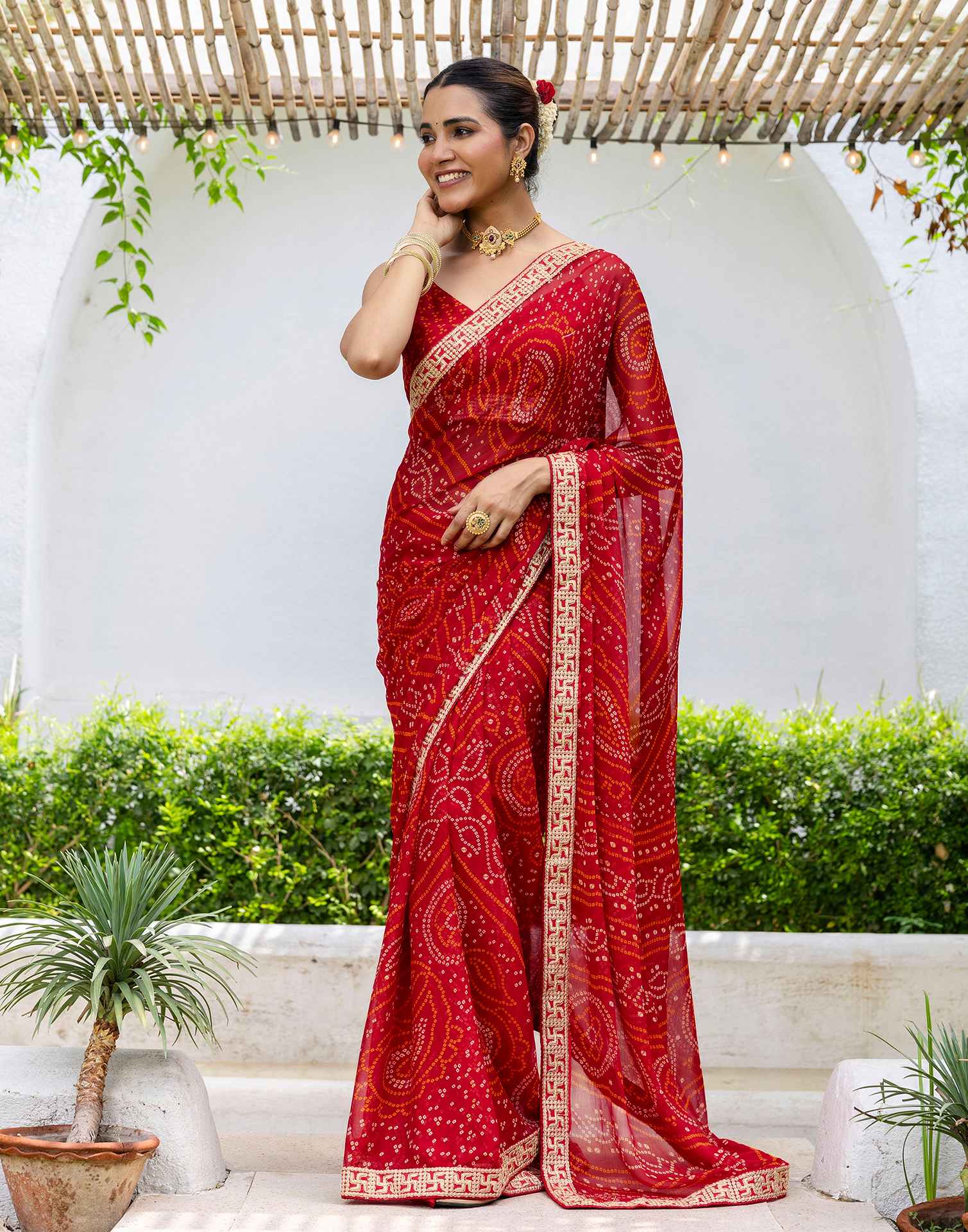 Red Chiffon Printed Bandhani Saree