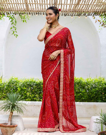Red Chiffon Printed Bandhani Saree