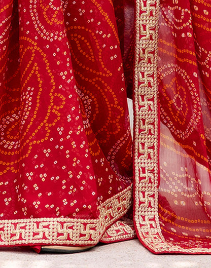 Red Chiffon Printed Bandhani Saree