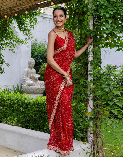 Red Chiffon Printed Bandhani Saree