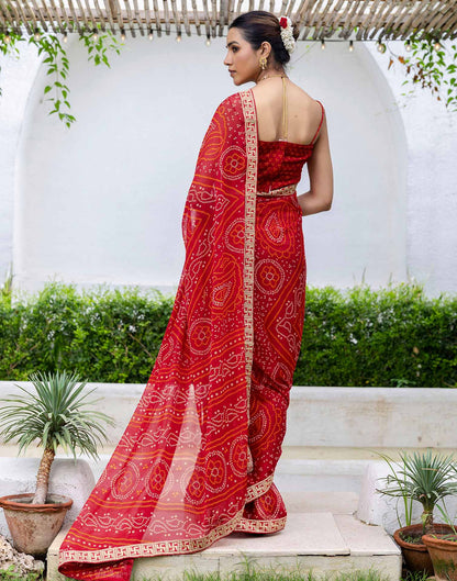 Red Chiffon Printed Bandhani Saree