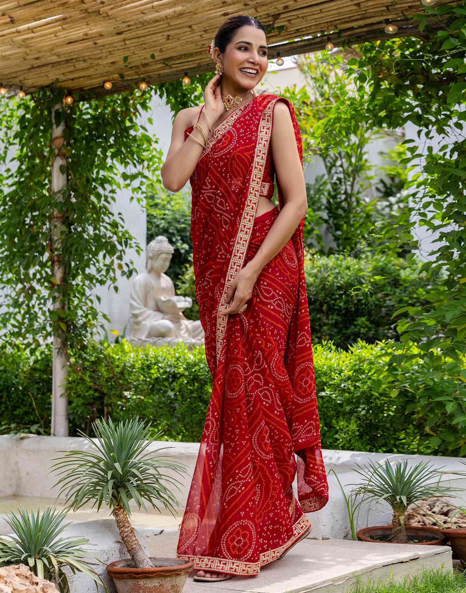 Red Chiffon Printed Bandhani Saree