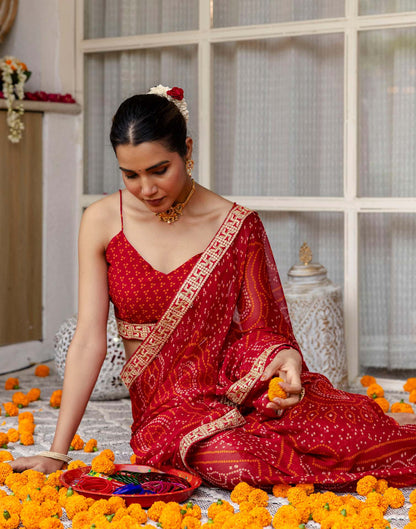 Red Chiffon Printed Bandhani Saree