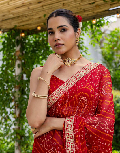 Red Chiffon Printed Bandhani Saree
