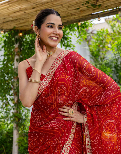 Red Chiffon Printed Bandhani Saree