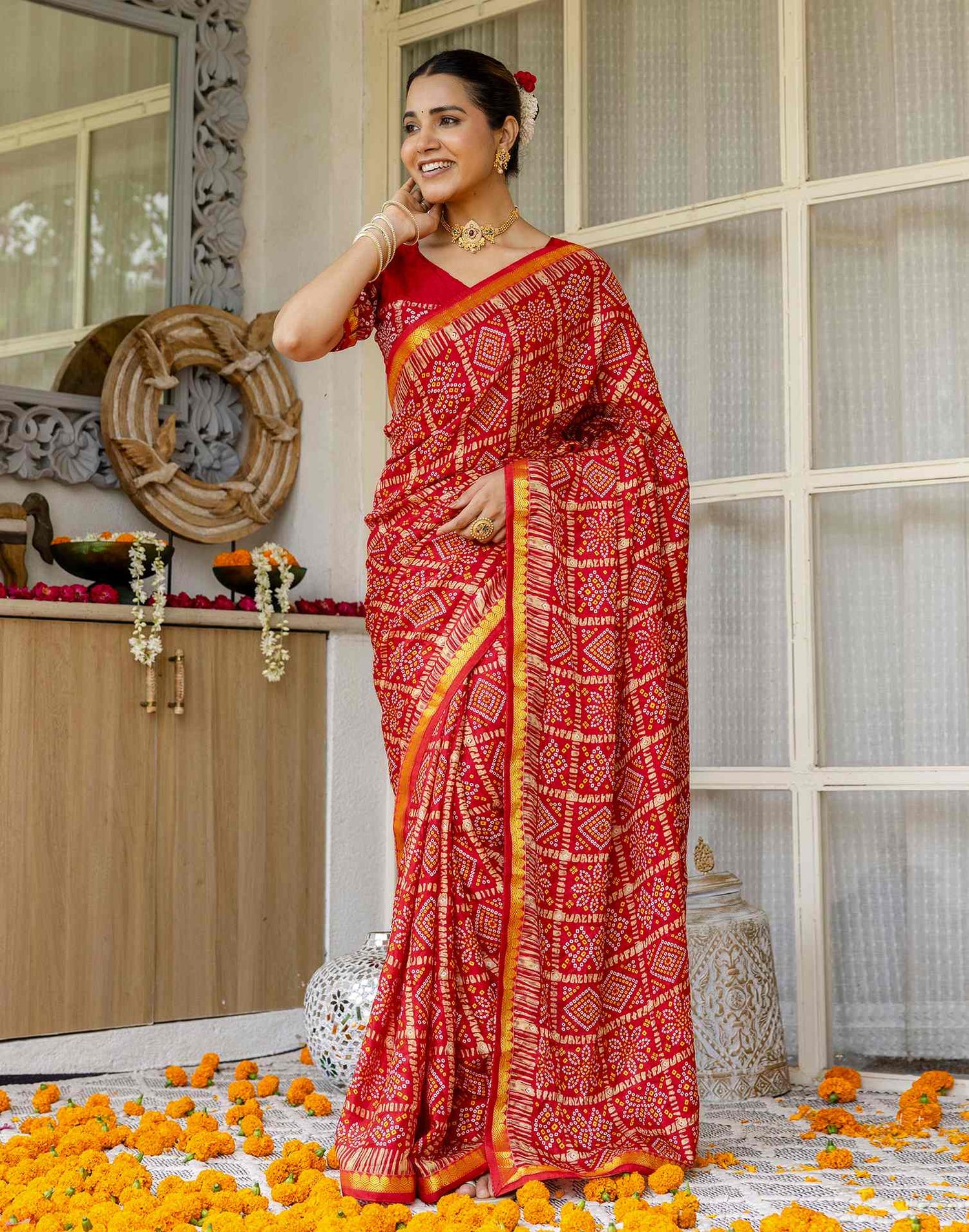Red Silk Printed Bandhani Saree