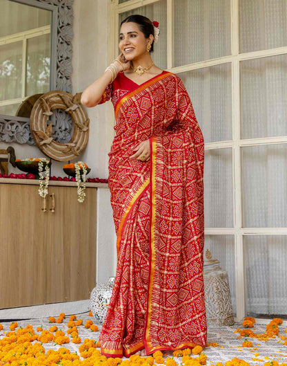 Red Silk Printed Bandhani Saree