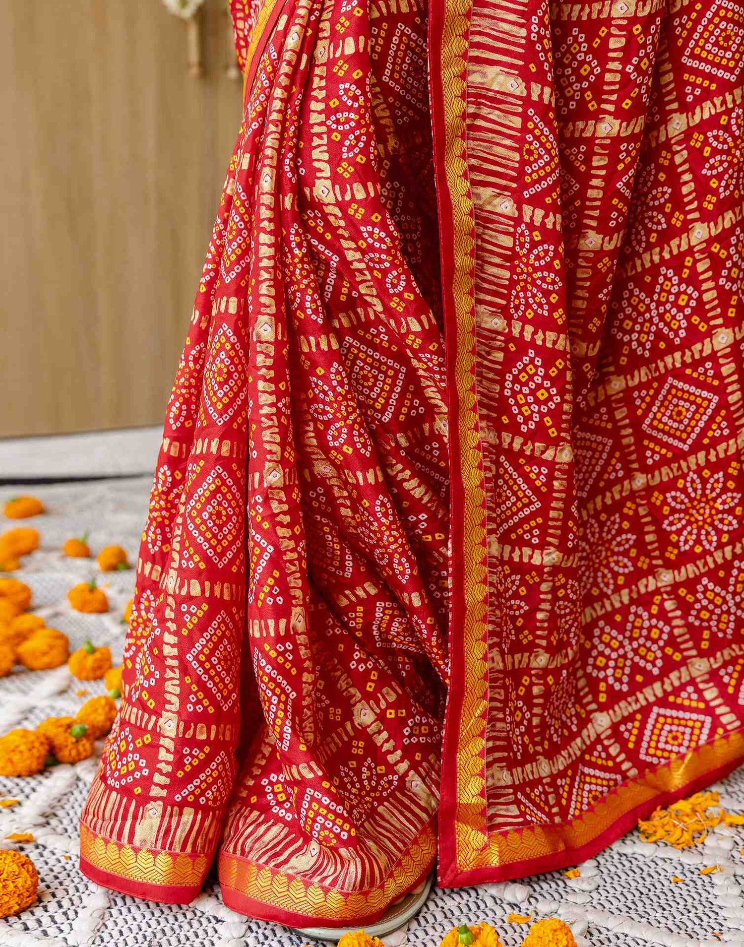 Red Silk Printed Bandhani Saree