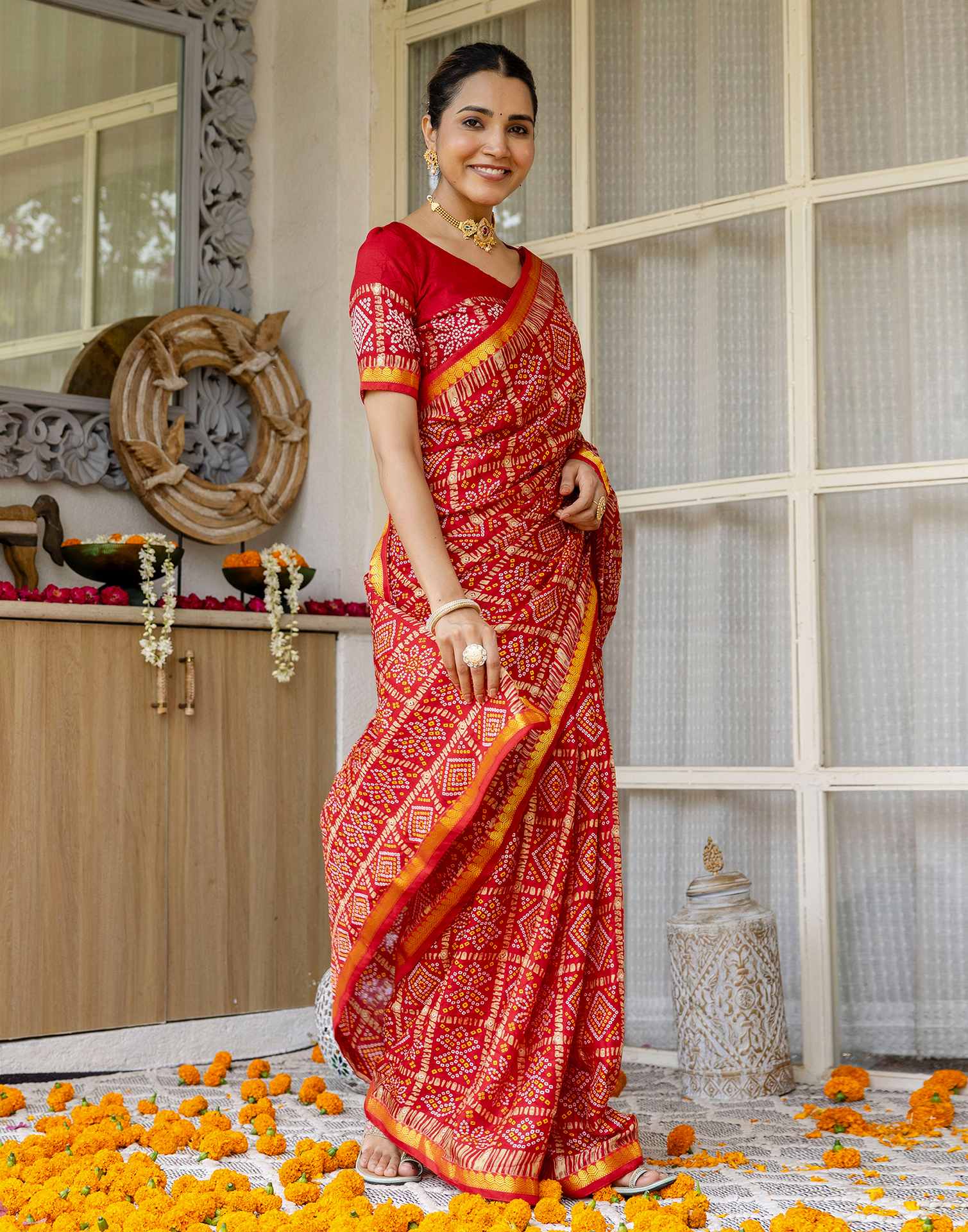 Red Silk Printed Bandhani Saree