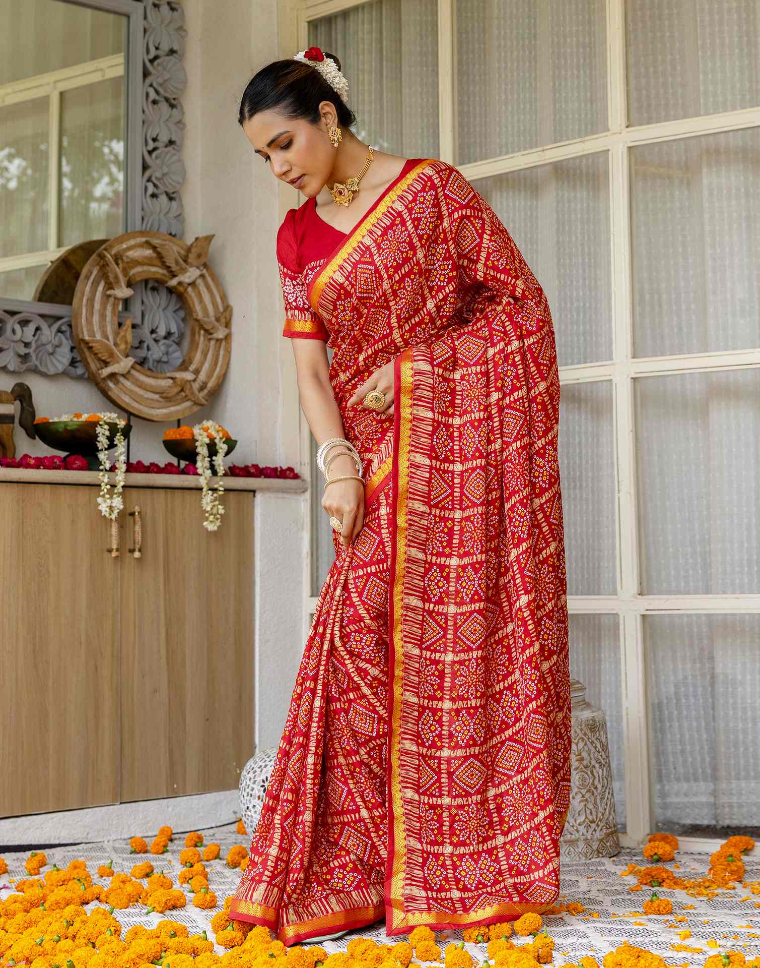 Red Silk Printed Bandhani Saree