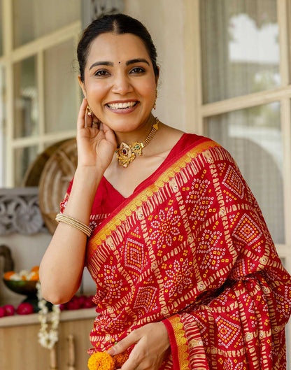Red Silk Printed Bandhani Saree