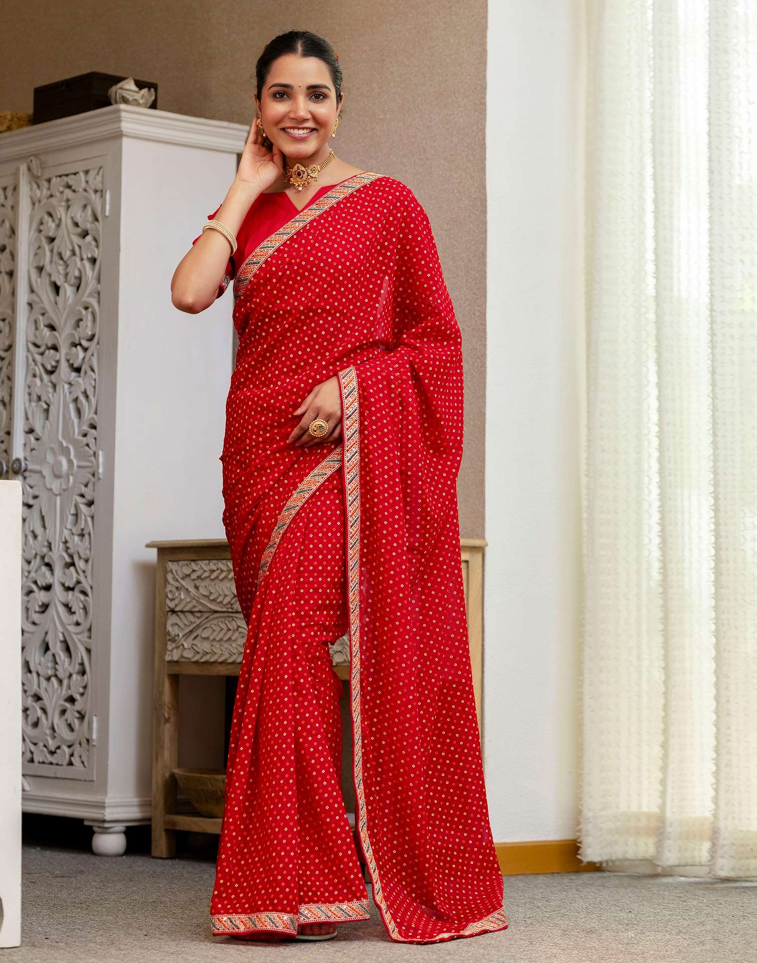 Red Georgette Printed Bandhani Saree