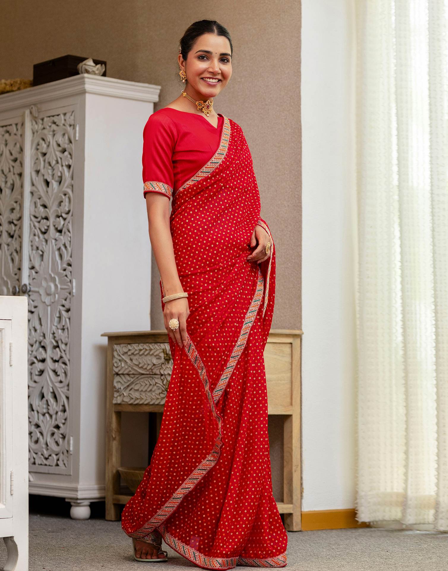 Red Georgette Printed Bandhani Saree