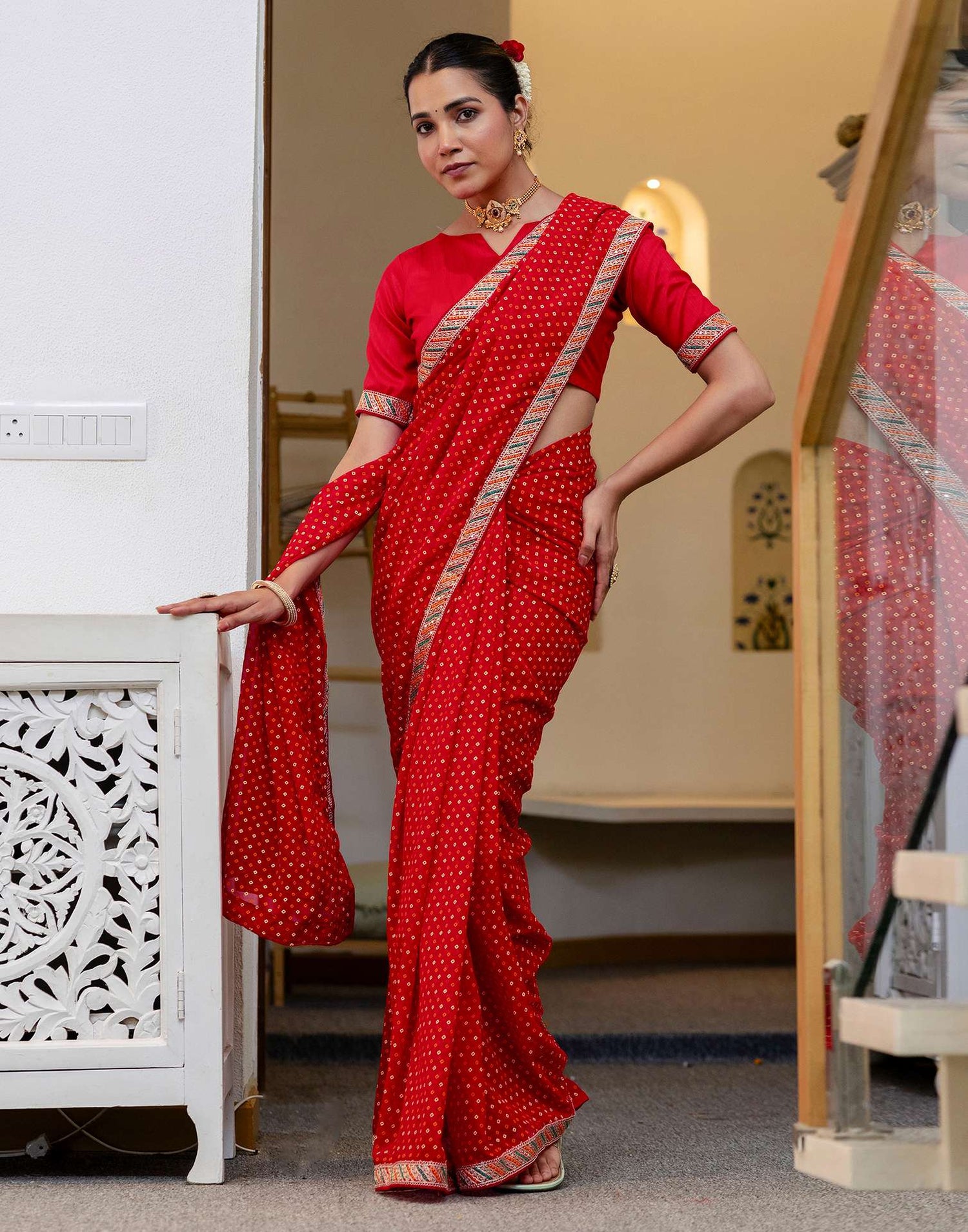Red Georgette Printed Bandhani Saree