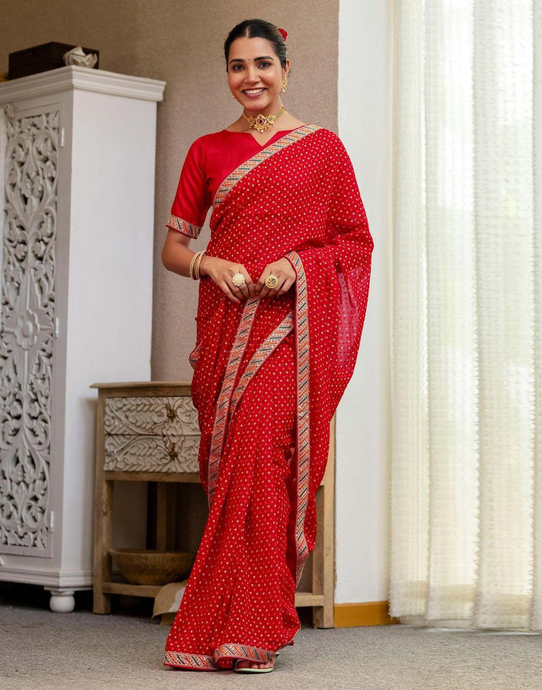 Red Georgette Printed Bandhani Saree