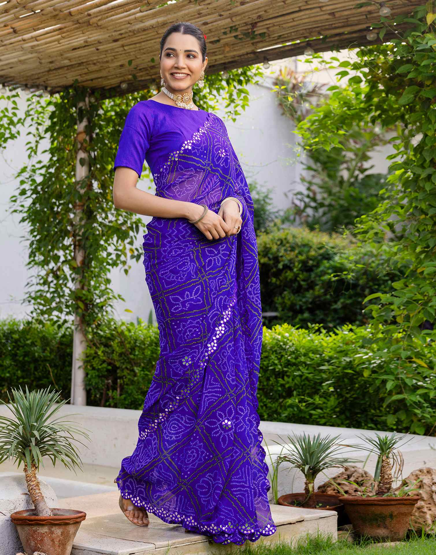 Blue Georgette Printed Bandhani Saree