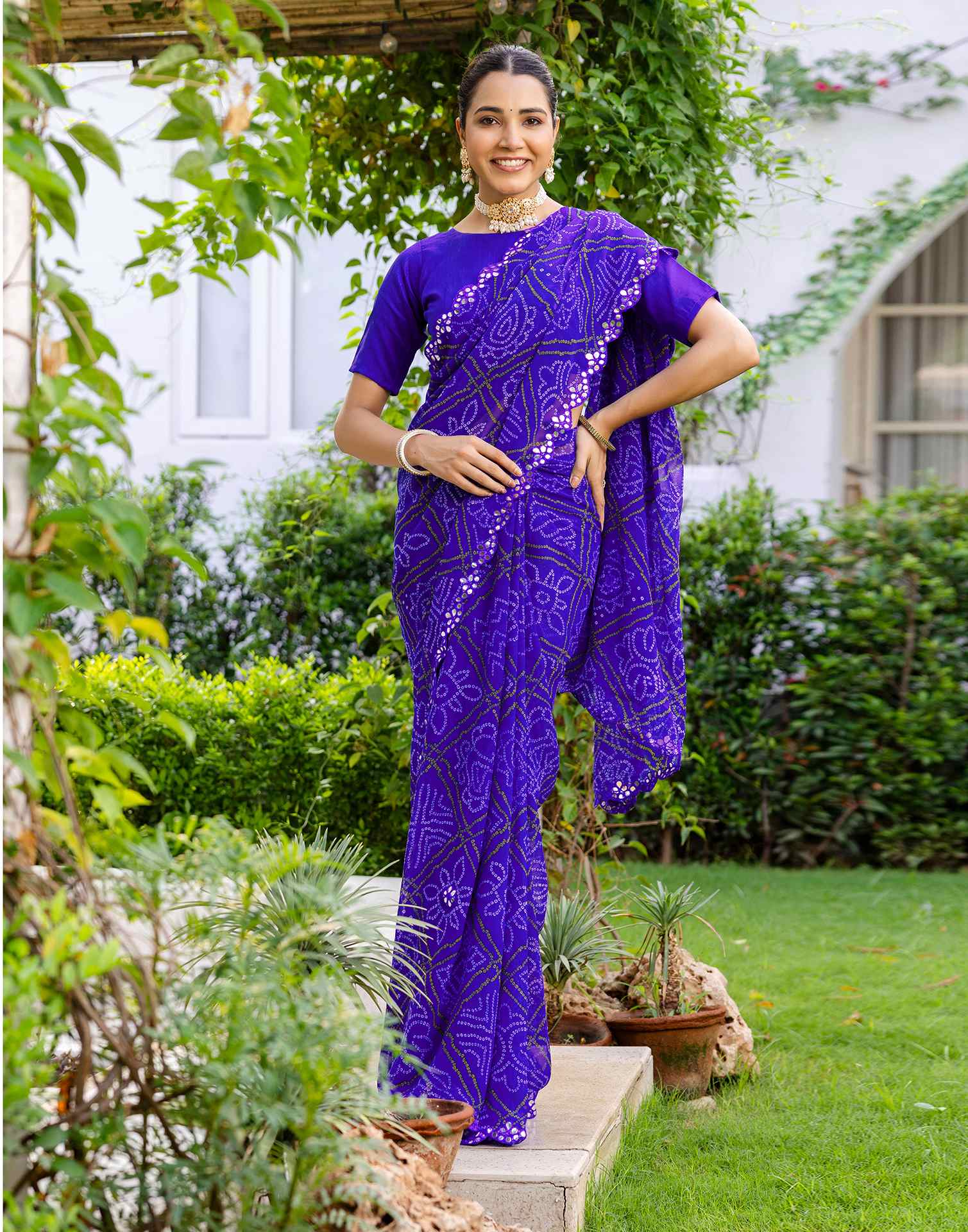 Blue Georgette Printed Bandhani Saree
