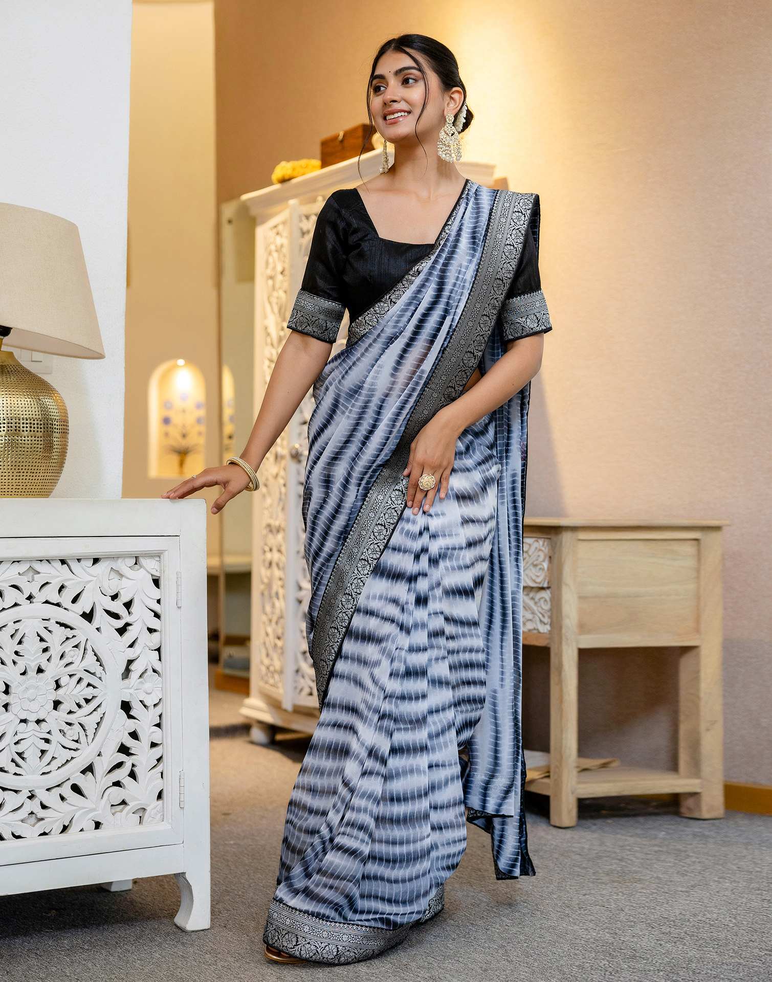 Off White Georgette Printed Laheriya Saree
