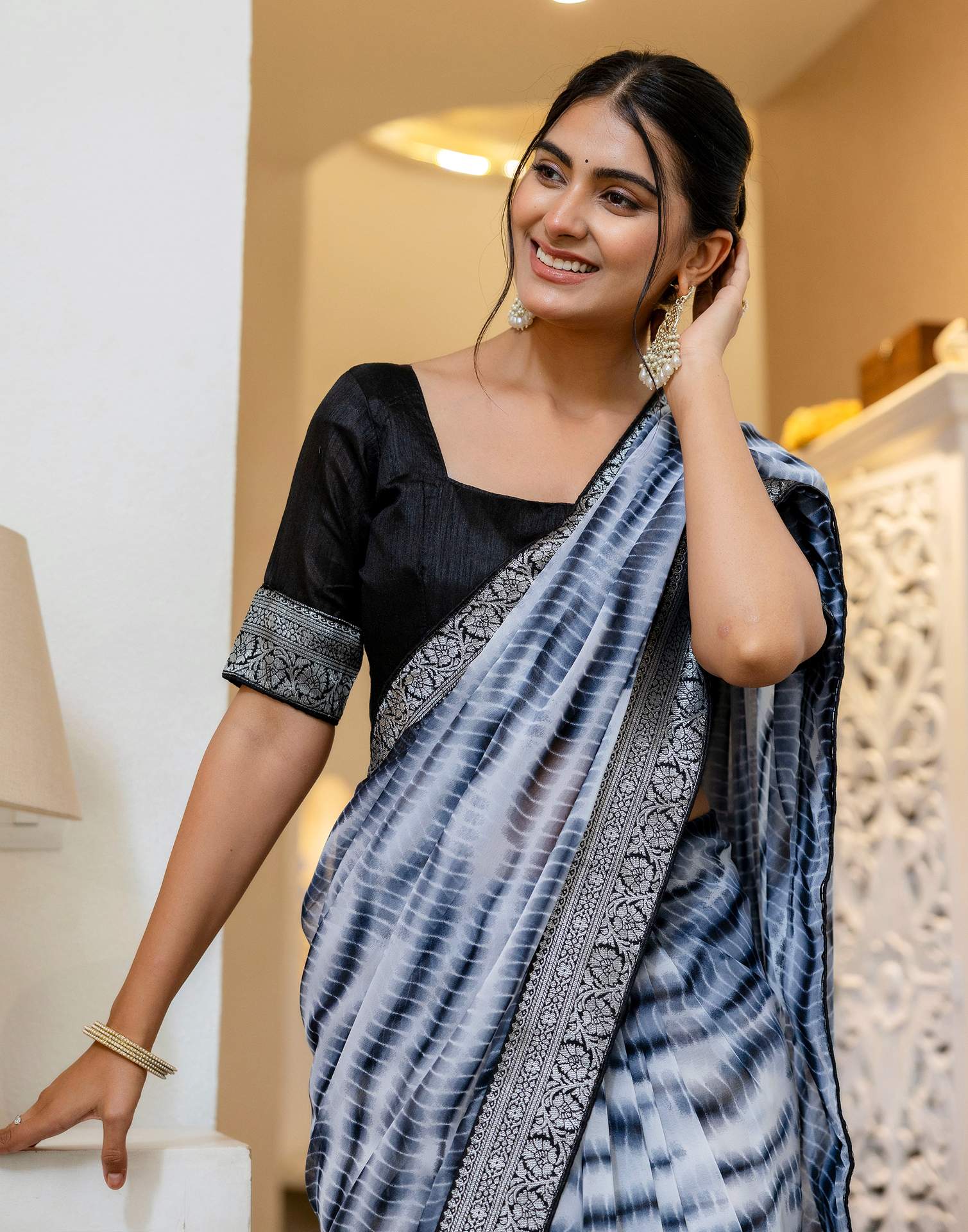 Off White Georgette Printed Laheriya Saree