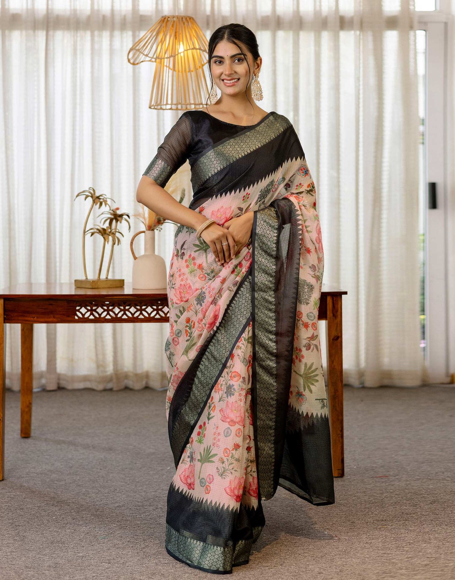 Peach Cotton Printed Saree