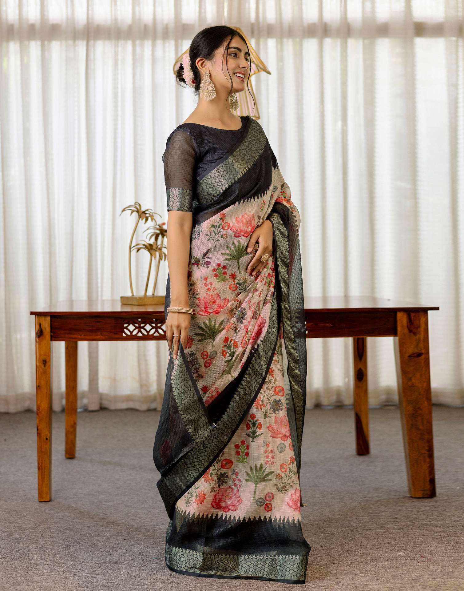 Peach Cotton Printed Saree