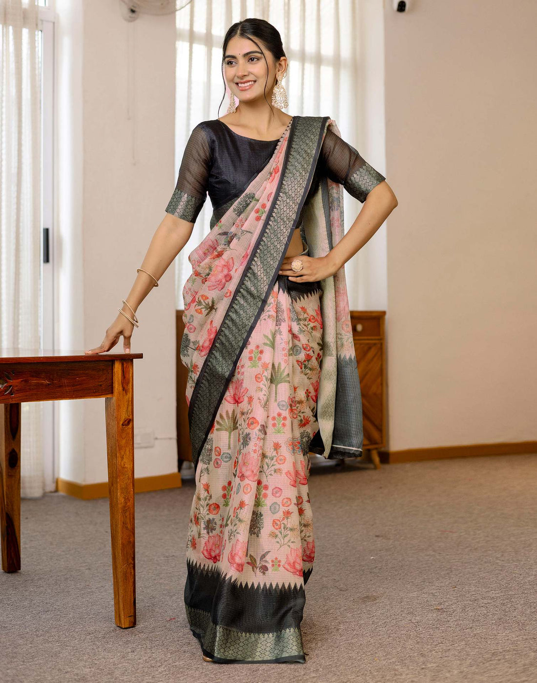 Peach Cotton Printed Saree