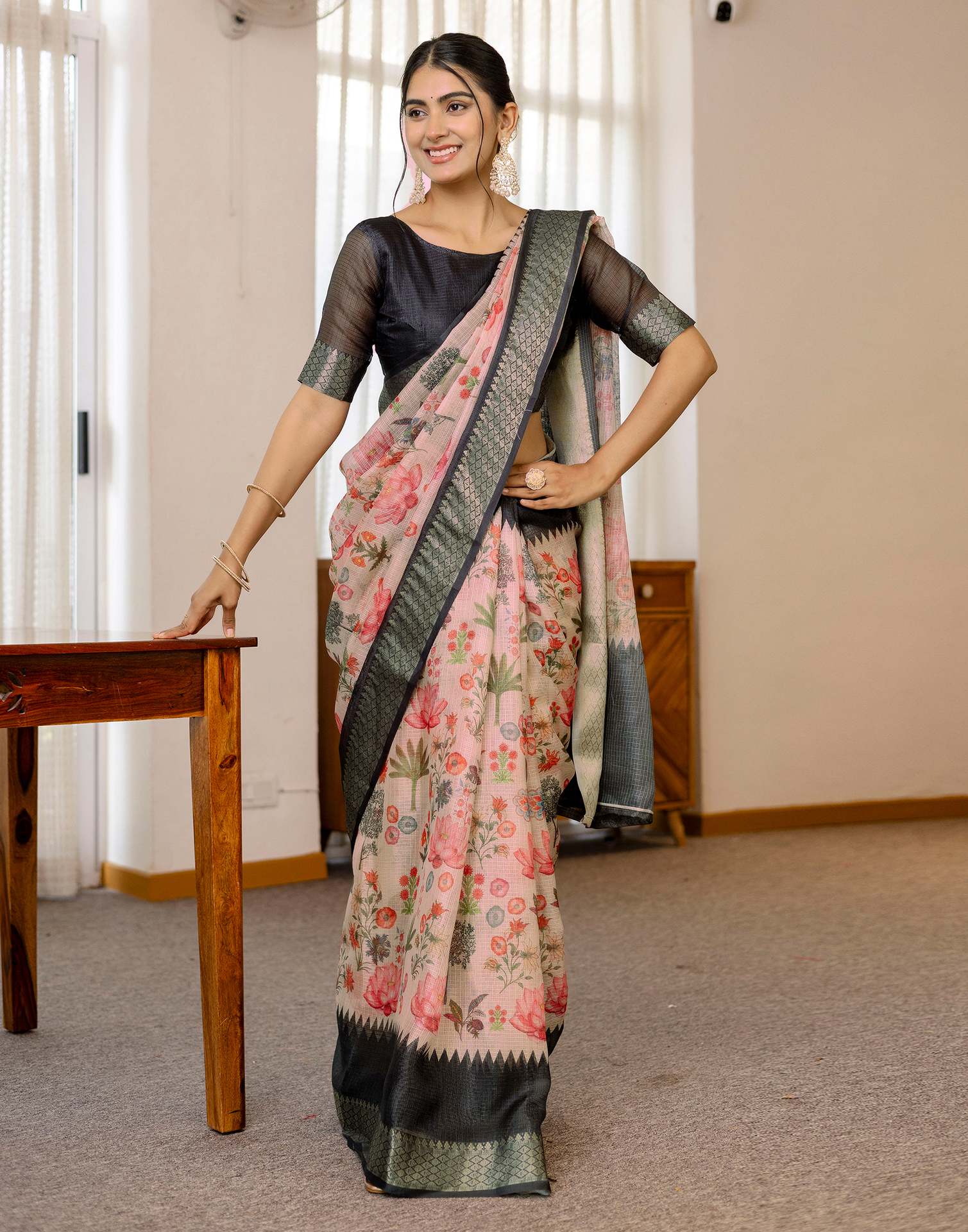 Peach Cotton Printed Saree