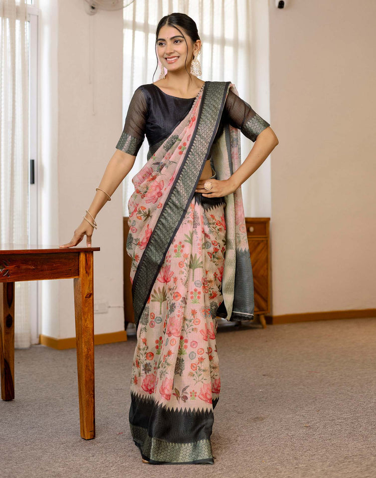 Peach Cotton Printed Saree