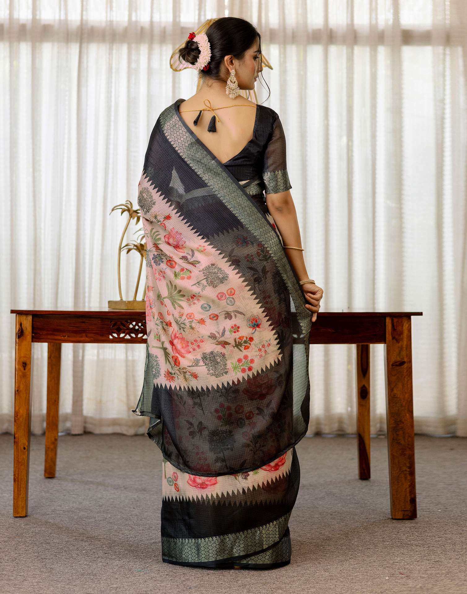 Peach Cotton Printed Saree