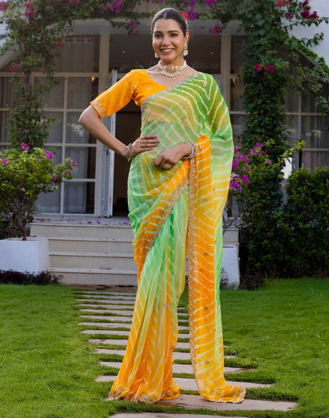 Yellow Georgette Printed Laheriya Saree