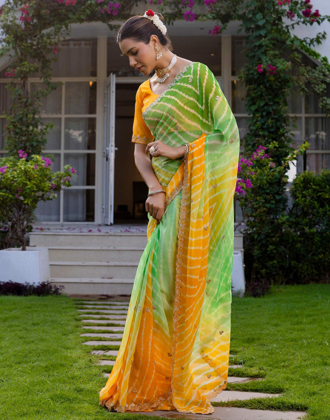 Yellow Georgette Printed Laheriya Saree