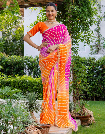 Orange Georgette Printed Laheriya Saree