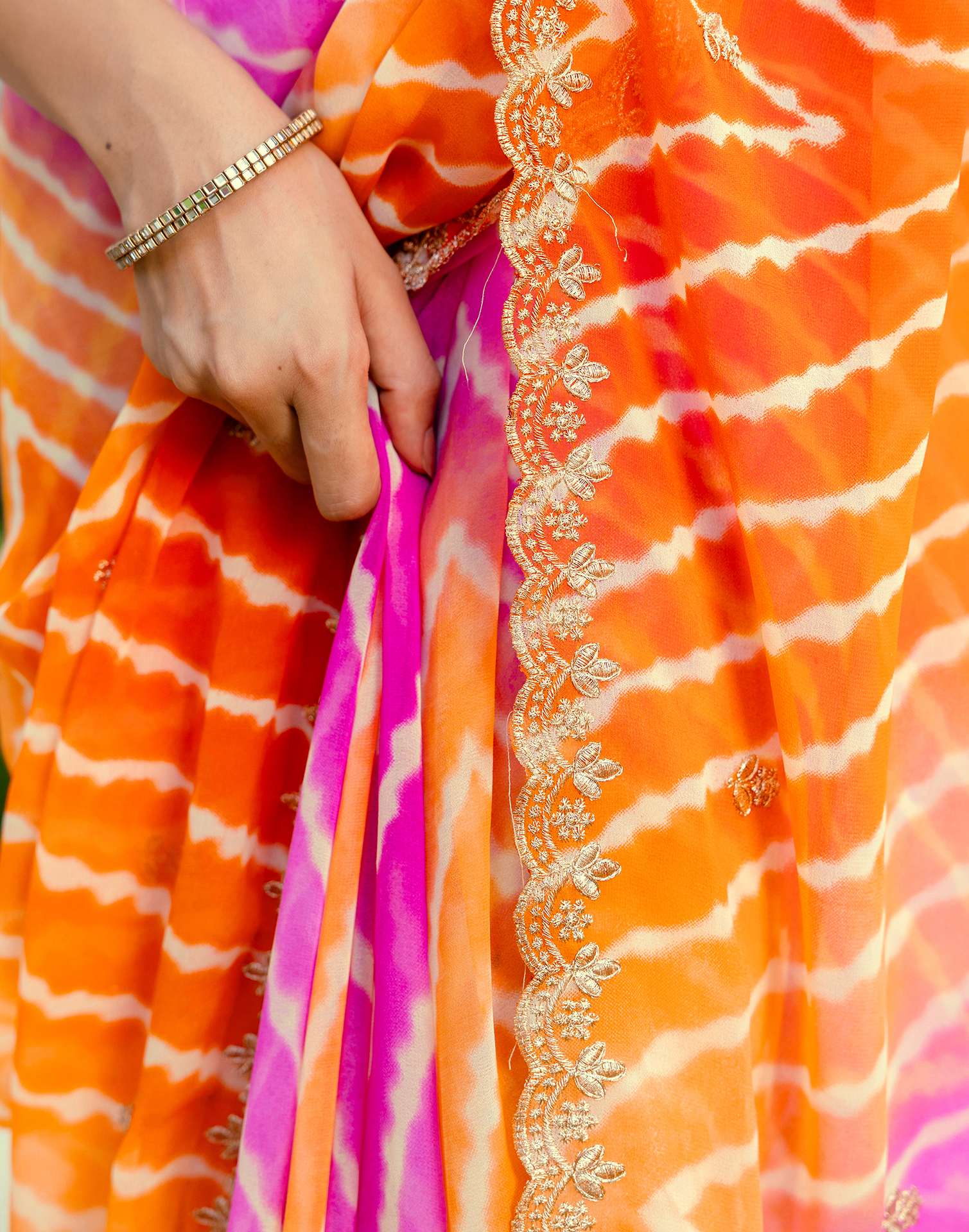 Orange Georgette Printed Laheriya Saree