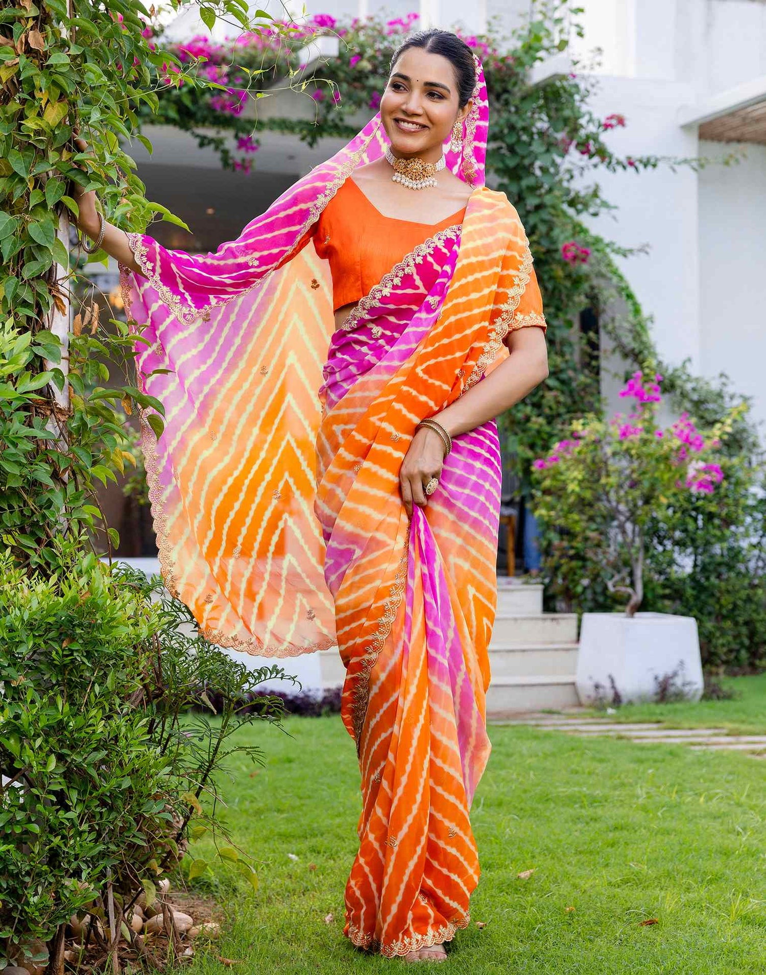 Orange Georgette Printed Laheriya Saree