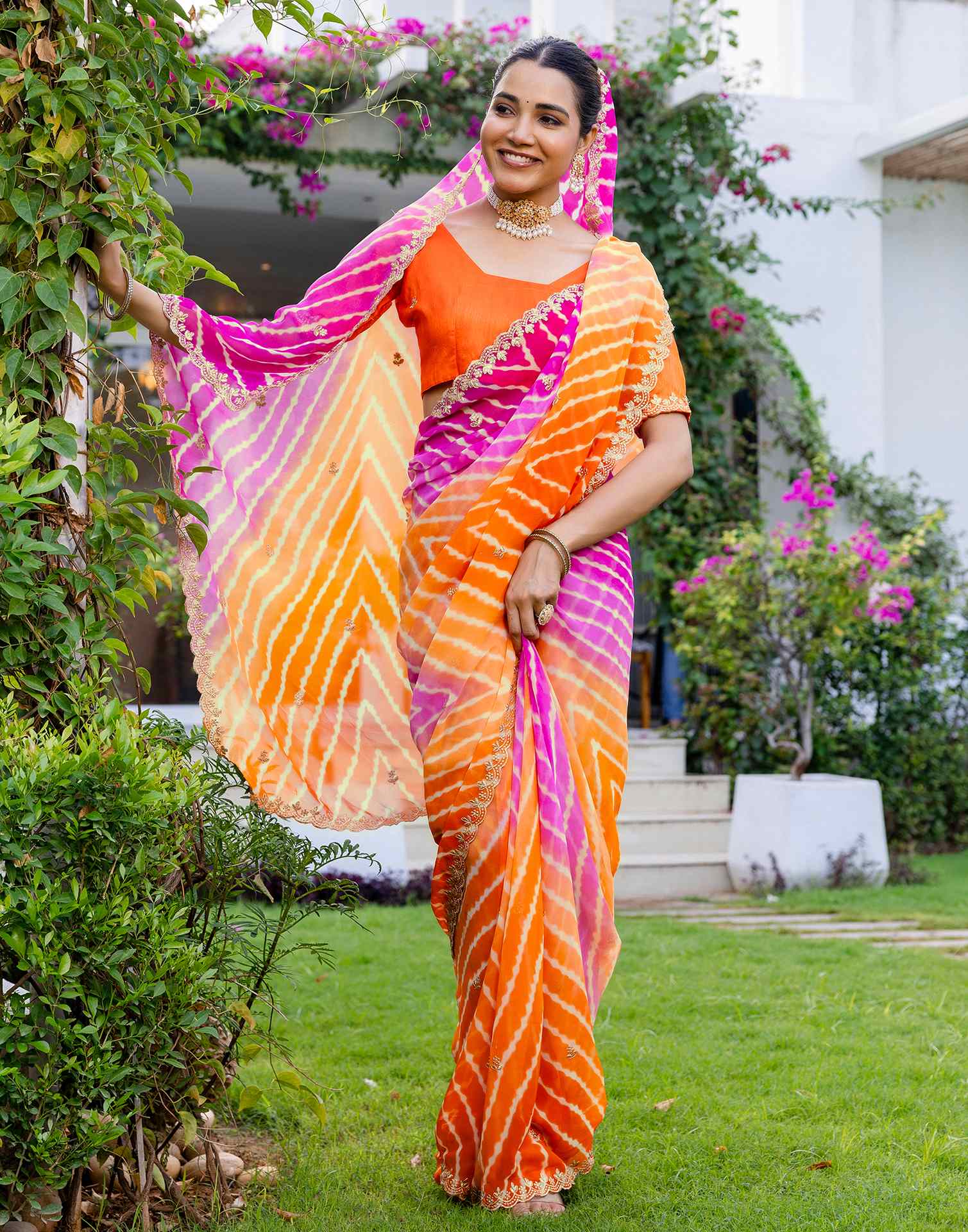 Orange Georgette Printed Laheriya Saree