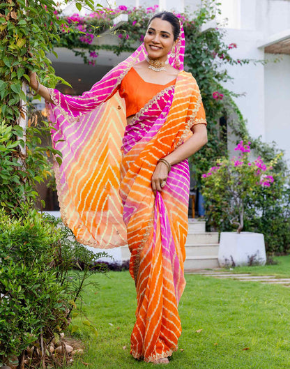 Orange Georgette Printed Laheriya Saree