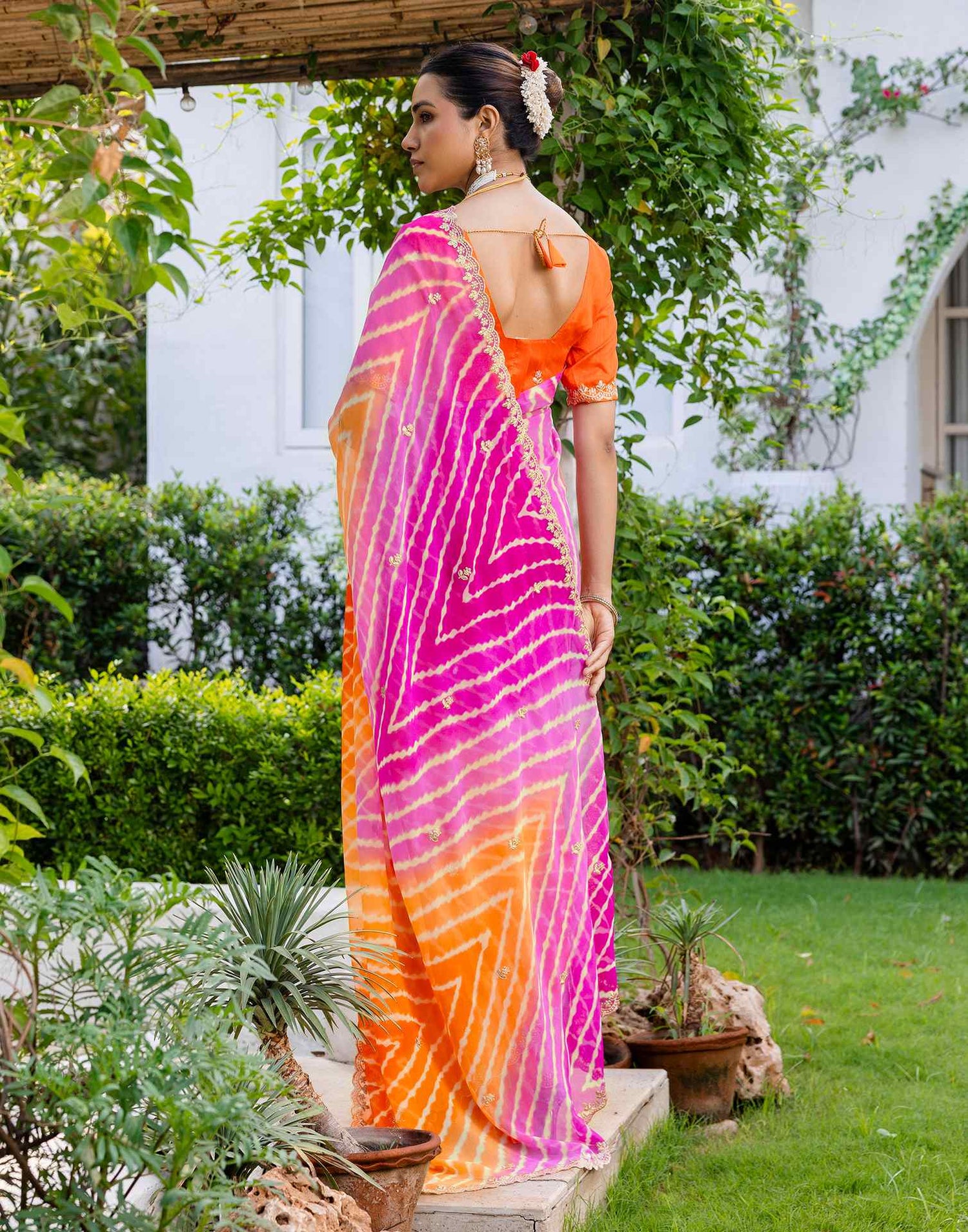 Orange Georgette Printed Laheriya Saree