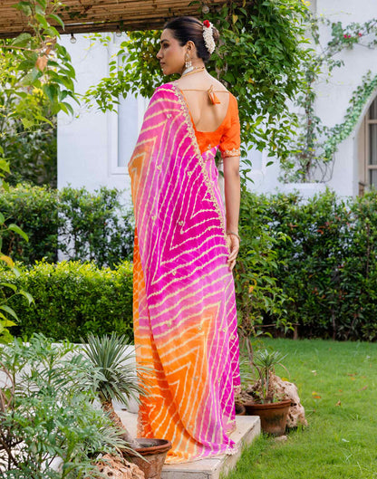Orange Georgette Printed Laheriya Saree