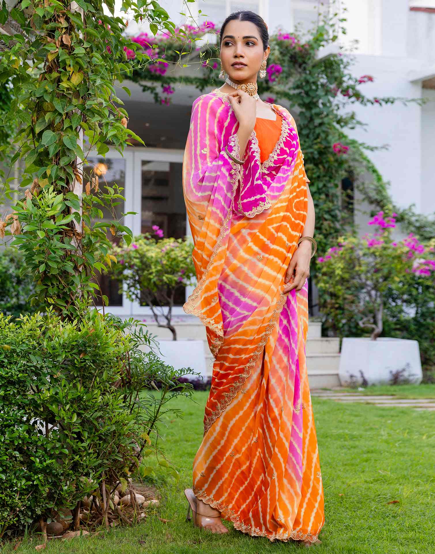 Orange Georgette Printed Laheriya Saree
