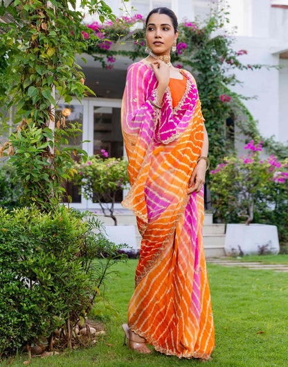 Orange Georgette Printed Laheriya Saree