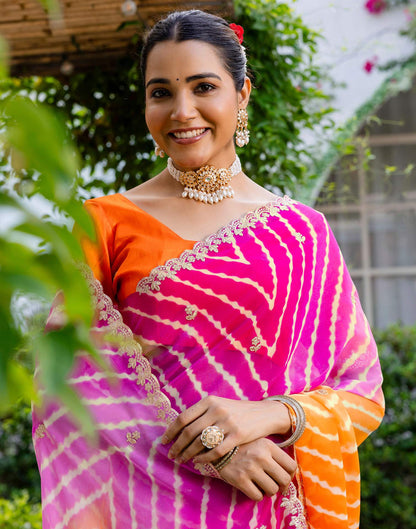 Orange Georgette Printed Laheriya Saree