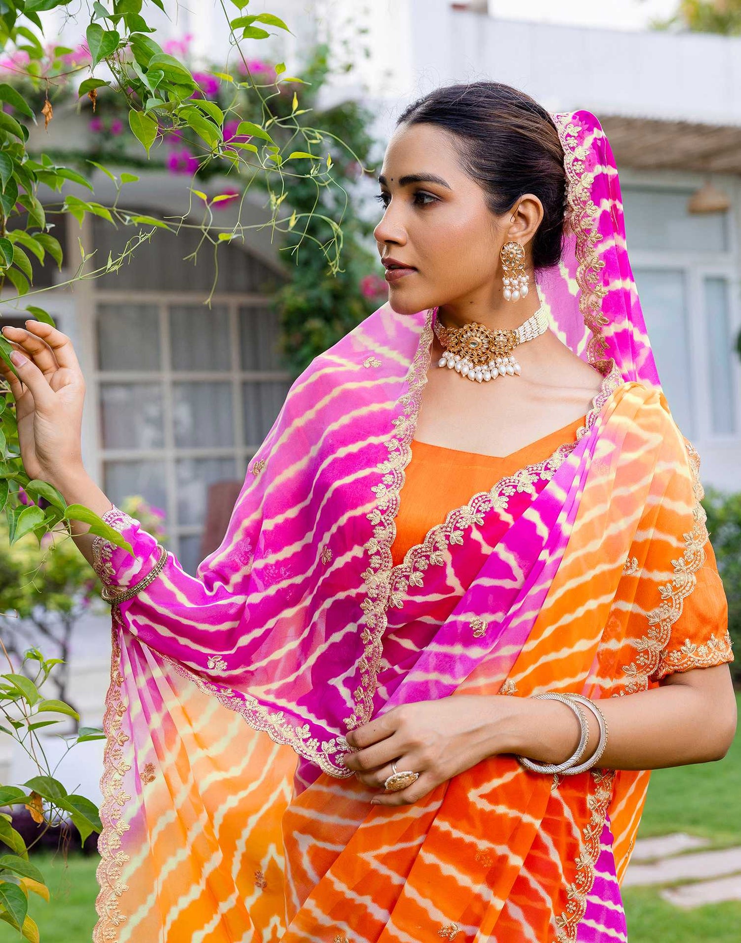 Orange Georgette Printed Laheriya Saree