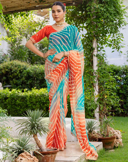 Teal Blue Georgette Printed Laheriya Saree