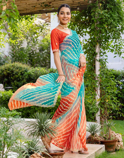 Teal Blue Georgette Printed Laheriya Saree